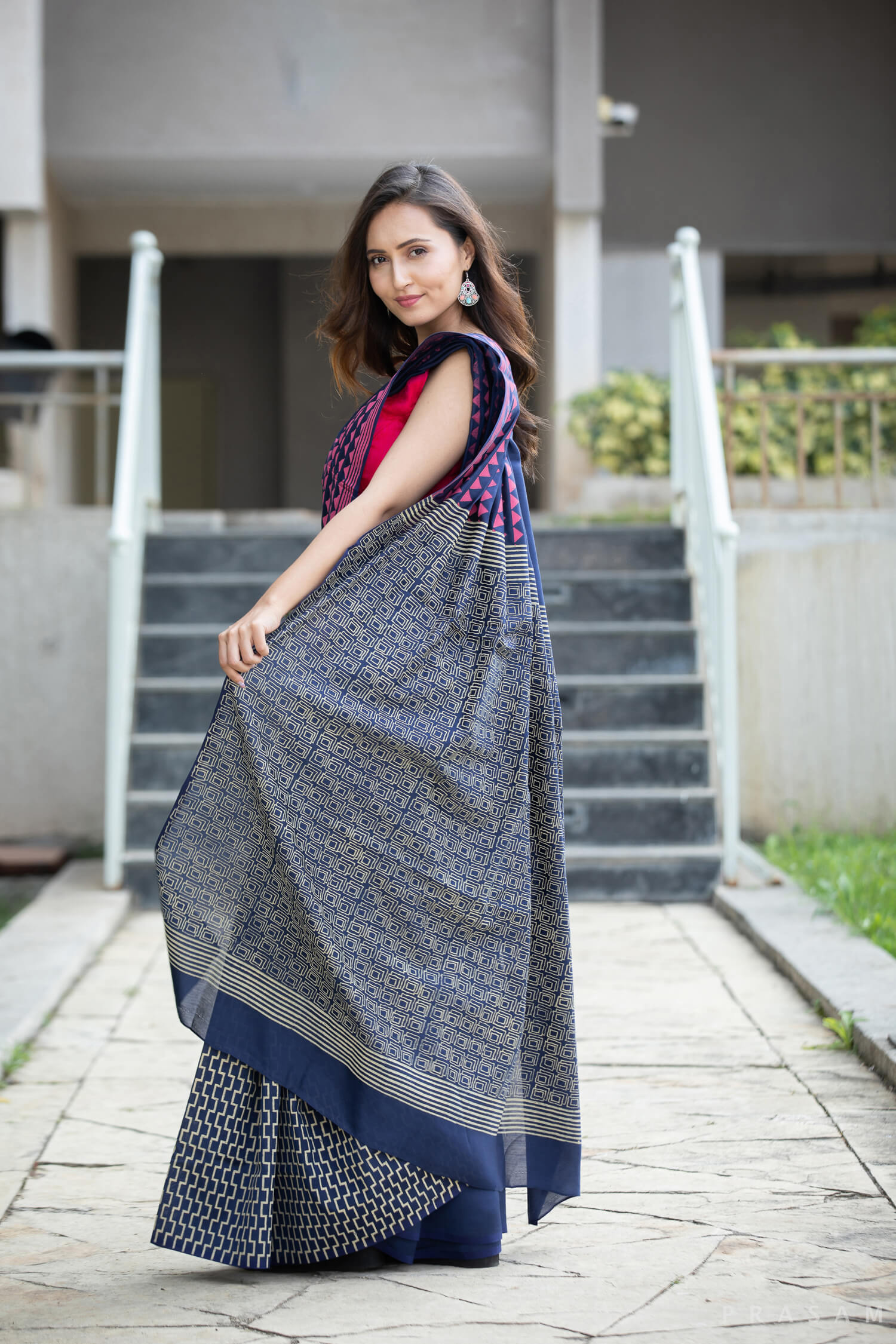 Disciplined Algorithm Silk Modal handblock print Saree Prasamcrafts Handcrafted Workwear