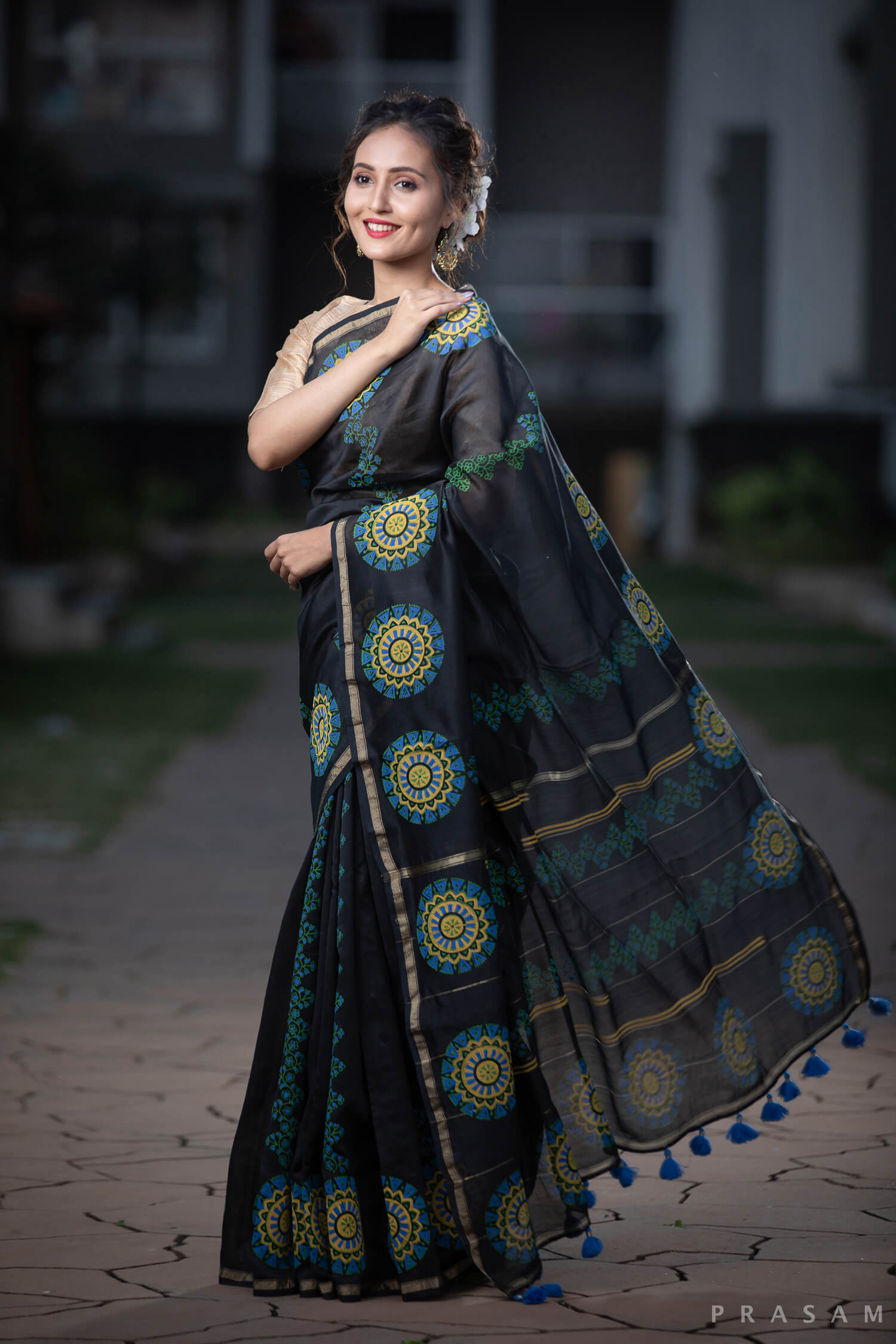 Exquisite Ebony Chanderi Handblock Print Saree Prasamcrafts Handcrafted Festive Workwear Dailywear