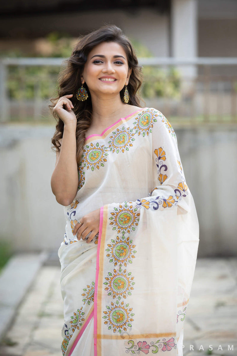 Flamboyant Vines Chanderi Handblock Print Saree Prasamcrafts Handcrafted Festive Workwear Dailywear