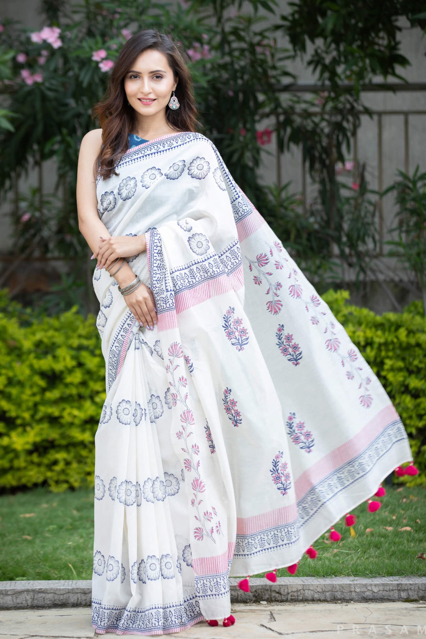 Flower Rush Chanderi Handblock Print Saree Prasamcrafts Handcrafted Festive Workwear Dailywear