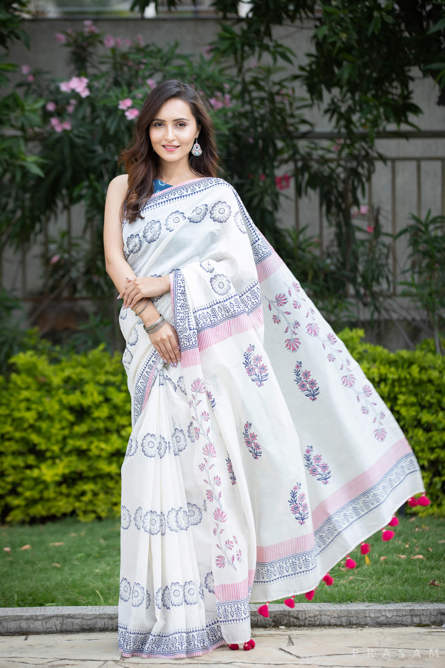 Flower Rush Chanderi Handblock Print Saree Prasamcrafts Handcrafted Festive Workwear Dailywear