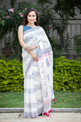 Flower Rush Chanderi Handblock Print Saree Prasamcrafts Handcrafted Festive Workwear Dailywear