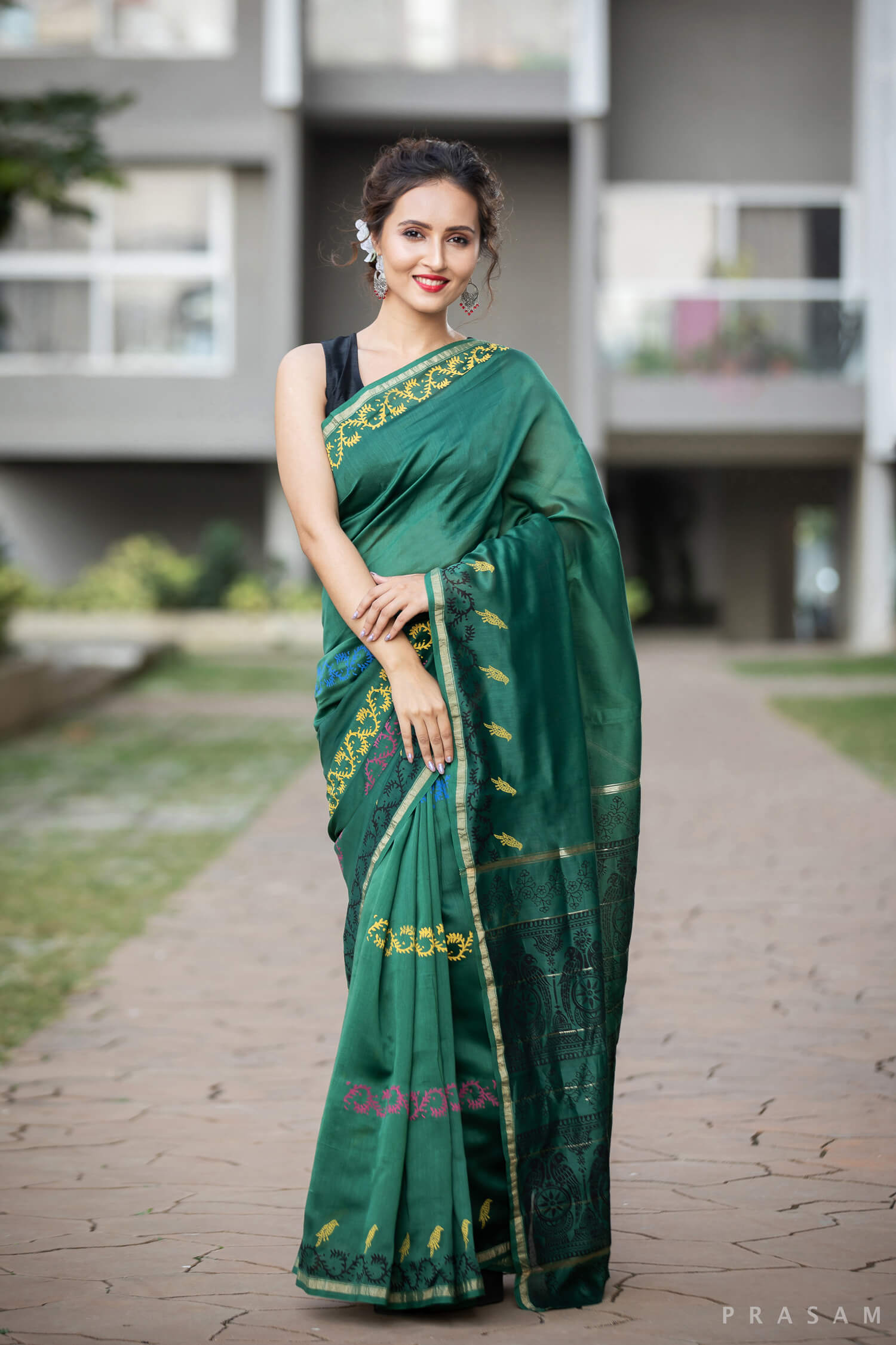 Green Stroll Chanderi Handblock Print Saree Prasamcrafts Handcrafted Festive Workwear Dailywear