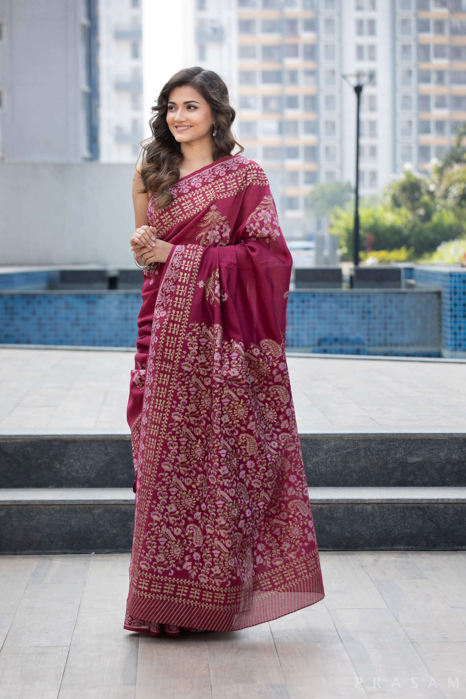 Maroon Gaze Chanderi Handblock Print Saree Prasamcrafts Handcrafted Festive Workwear Dailywear