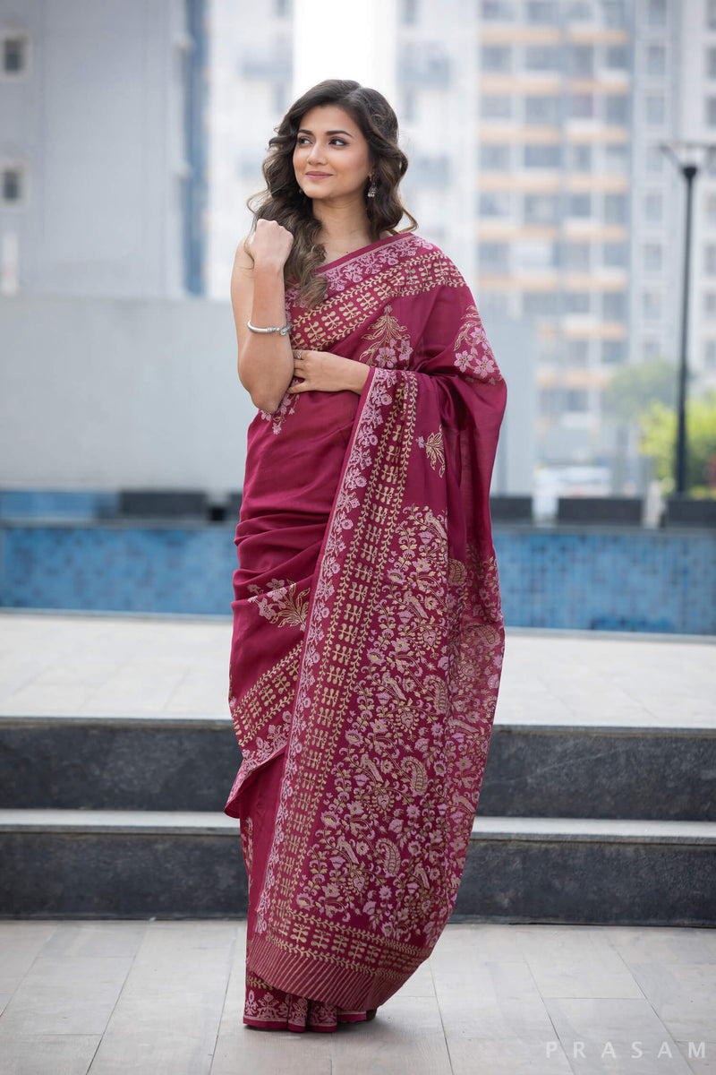 Maroon Gaze Chanderi Handblock Print Saree Prasamcrafts Handcrafted Festive Workwear Dailywear