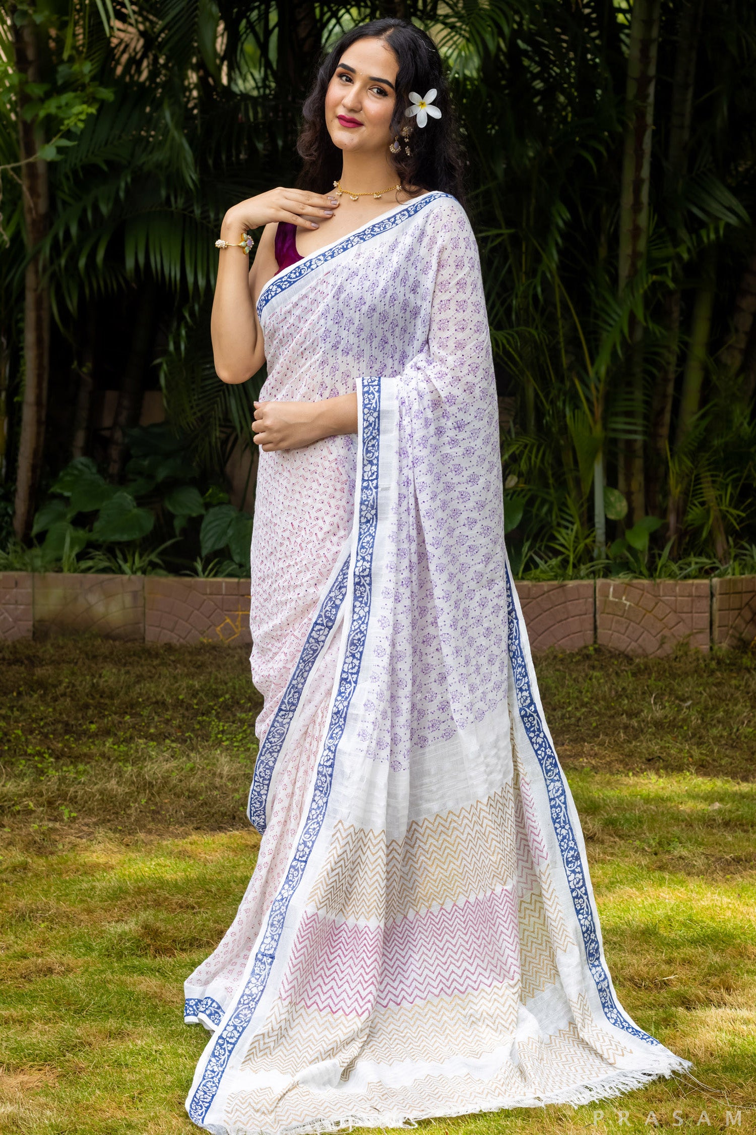 Camellia-Cotton Block Print Saree Prasam Crafts