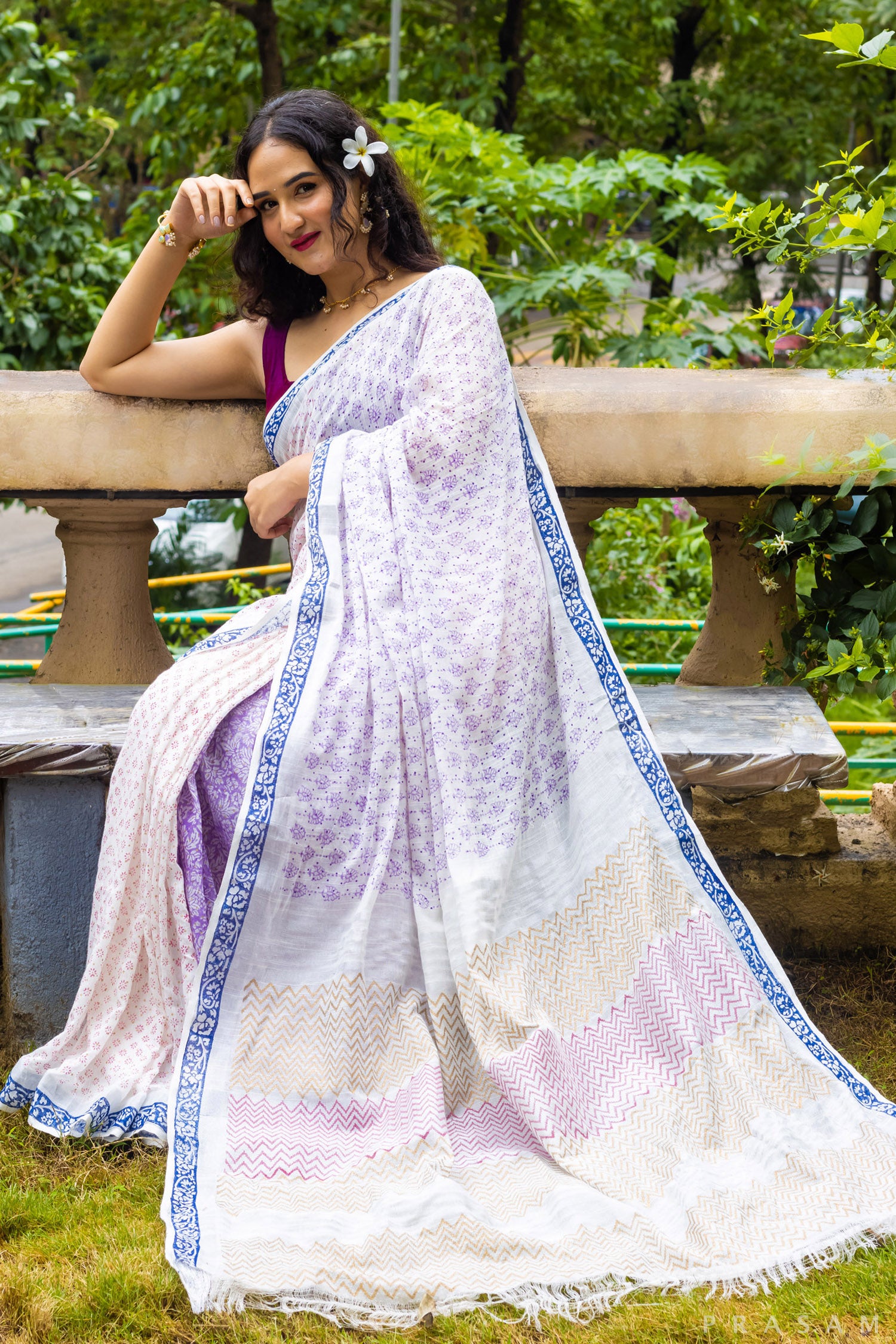 Camellia-Cotton Block Print Saree Prasam Crafts