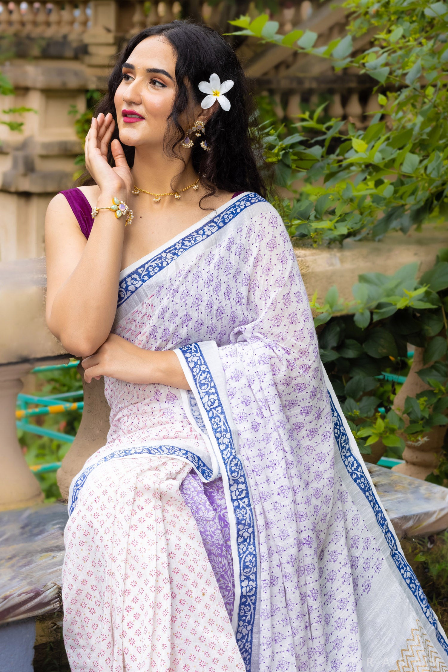 Camellia-Cotton Block Print Saree Prasam Crafts