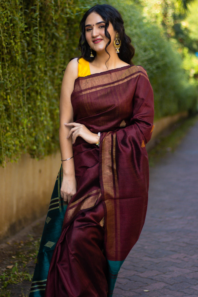 Graceful Maroon - Handwoven Tassar Silk Saree Prasam Crafts