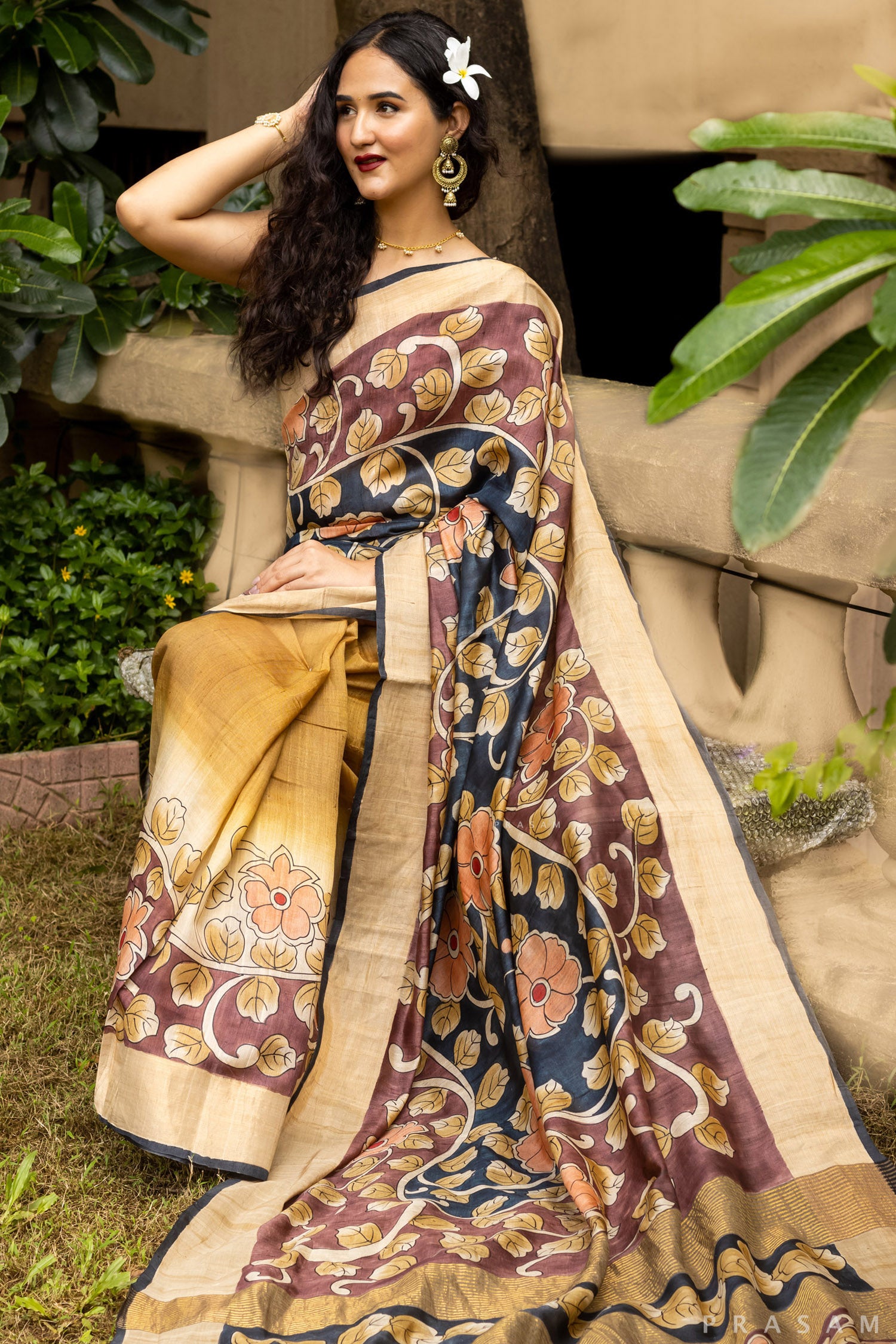 Veronica Kalamkari Pure Tassar Silk Saree Prasam Crafts