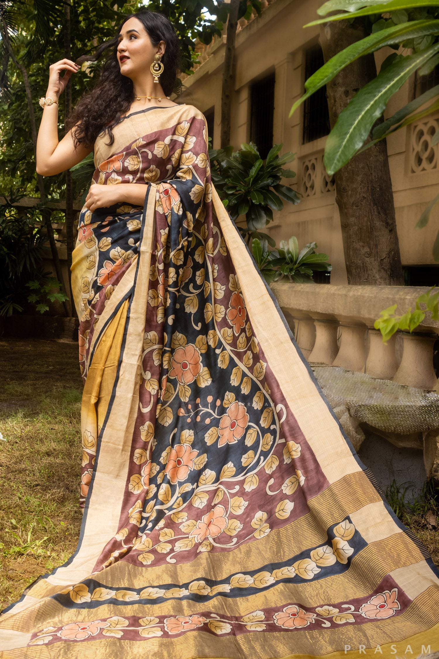 Veronica Kalamkari Pure Tassar Silk Saree Prasam Crafts