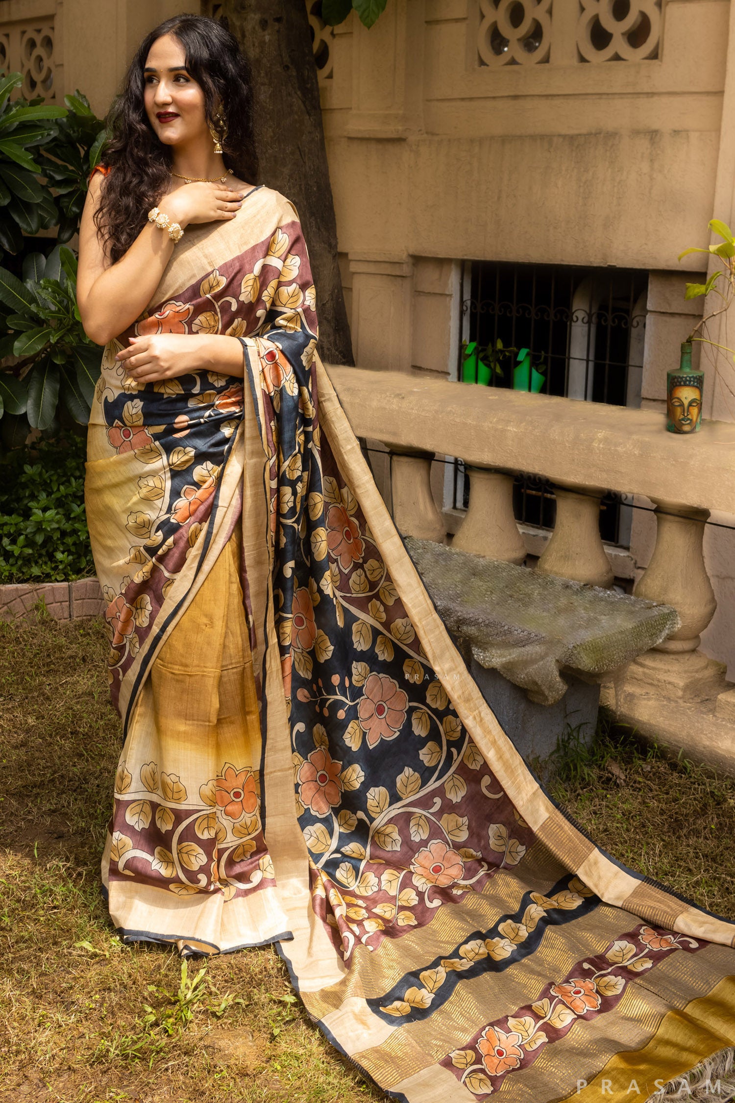 Veronica Kalamkari Pure Tassar Silk Saree Prasam Crafts