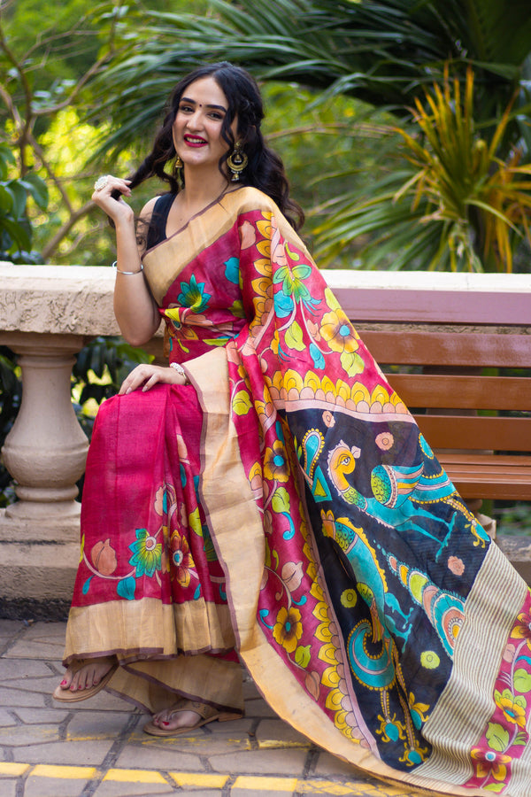 Multicolor Floral Hand Painted- Kalamkari Tassar Silk Saree Prasam Crafts