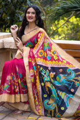 Multicolor Floral Hand Painted- Kalamkari Tassar Silk Saree Prasam Crafts