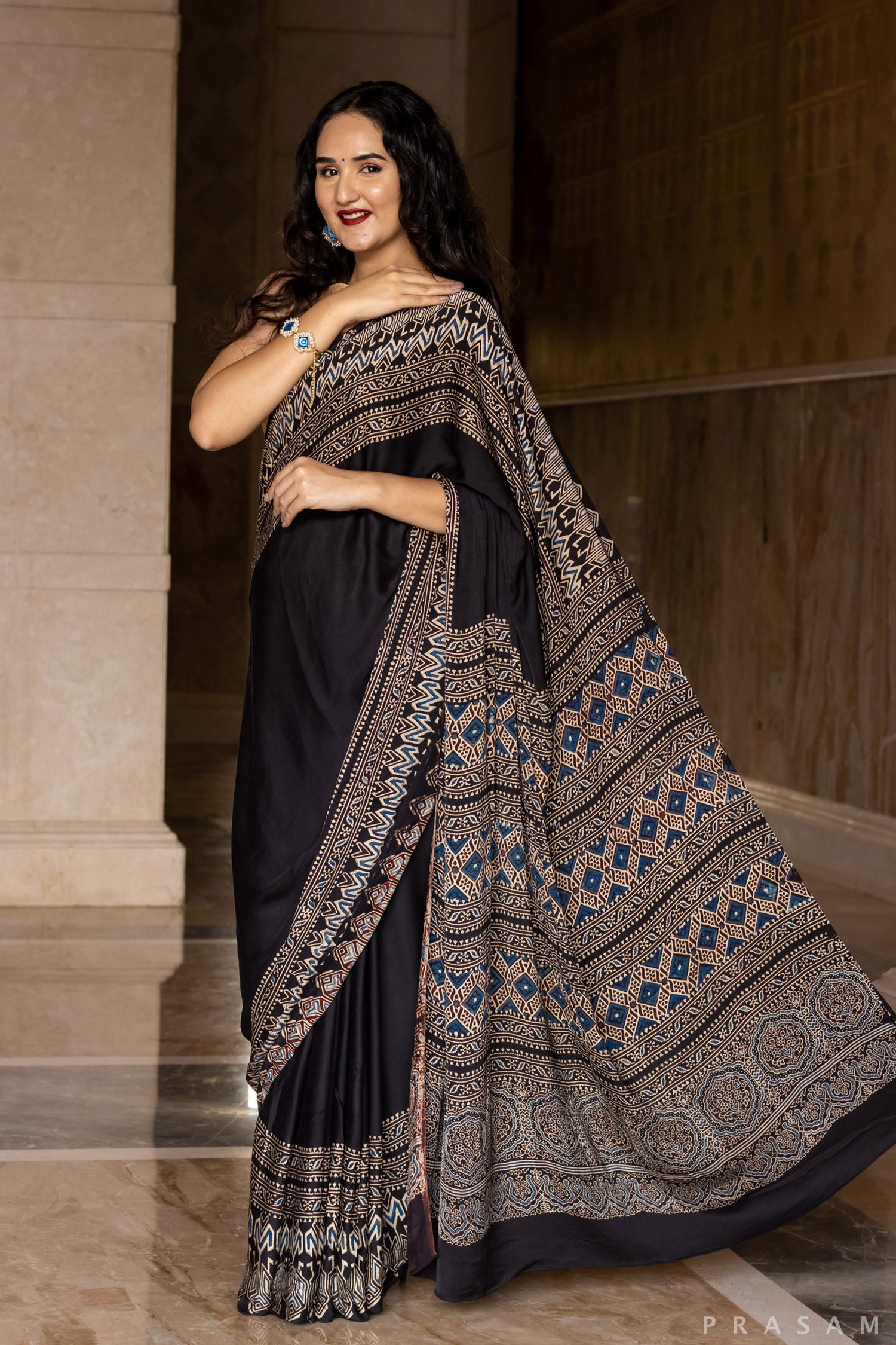 Pentatonic-Ajrakh Modal Silk Saree Prasam Crafts