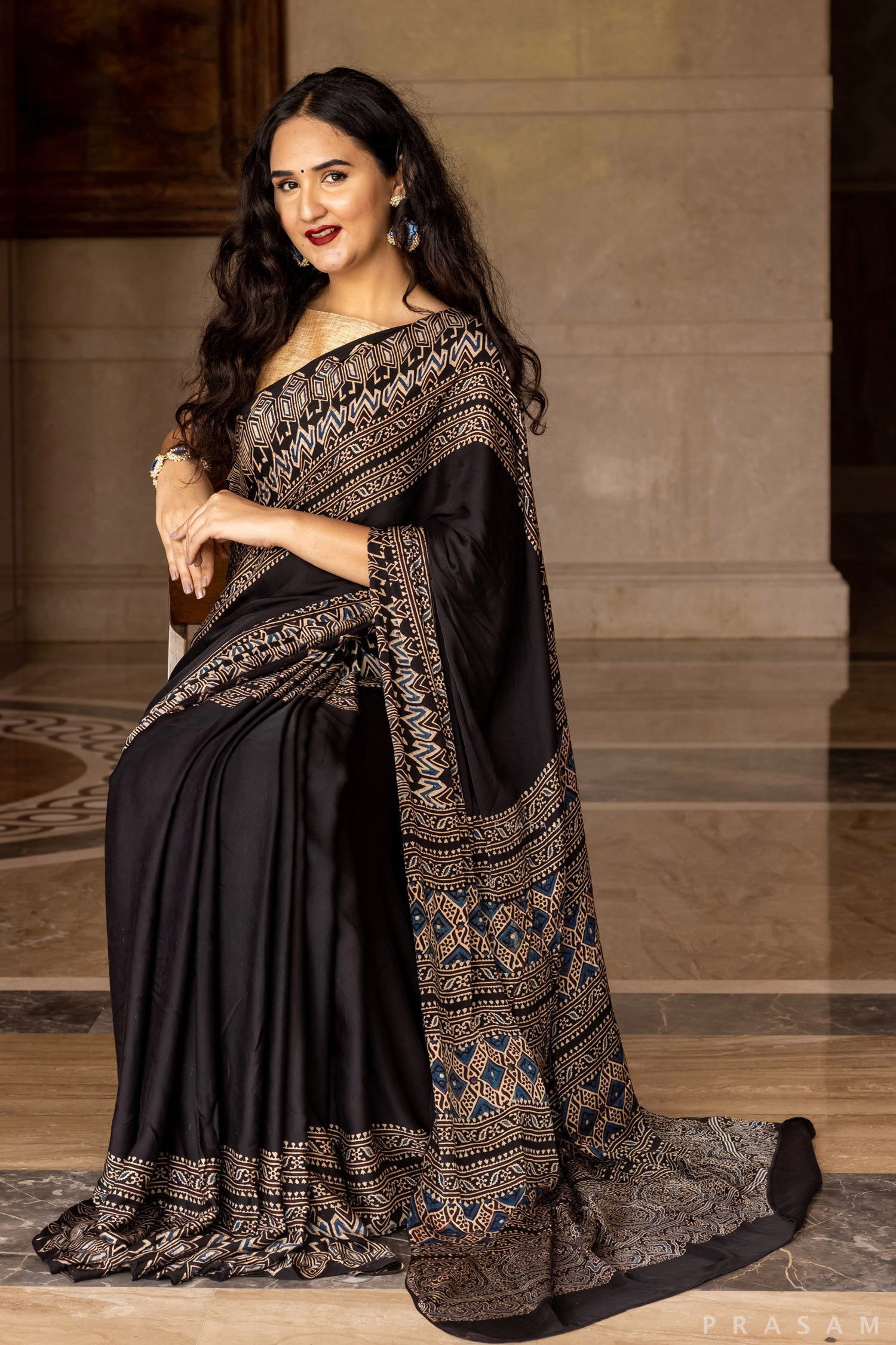 Pentatonic-Ajrakh Modal Silk Saree Prasam Crafts