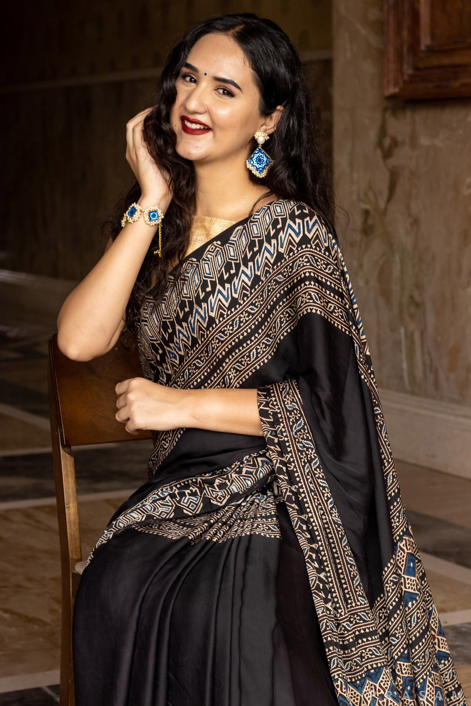 Pentatonic-Ajrakh Modal Silk Saree Prasam Crafts