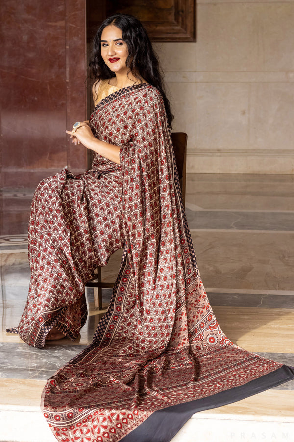 Mini Floral -Ajrakh Modal Silk Saree Prasam Crafts