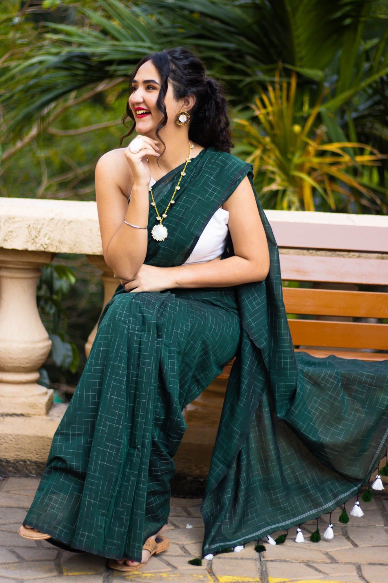 Playful Emerald Handwoven Cotton saree with Tassels Prasam crafts