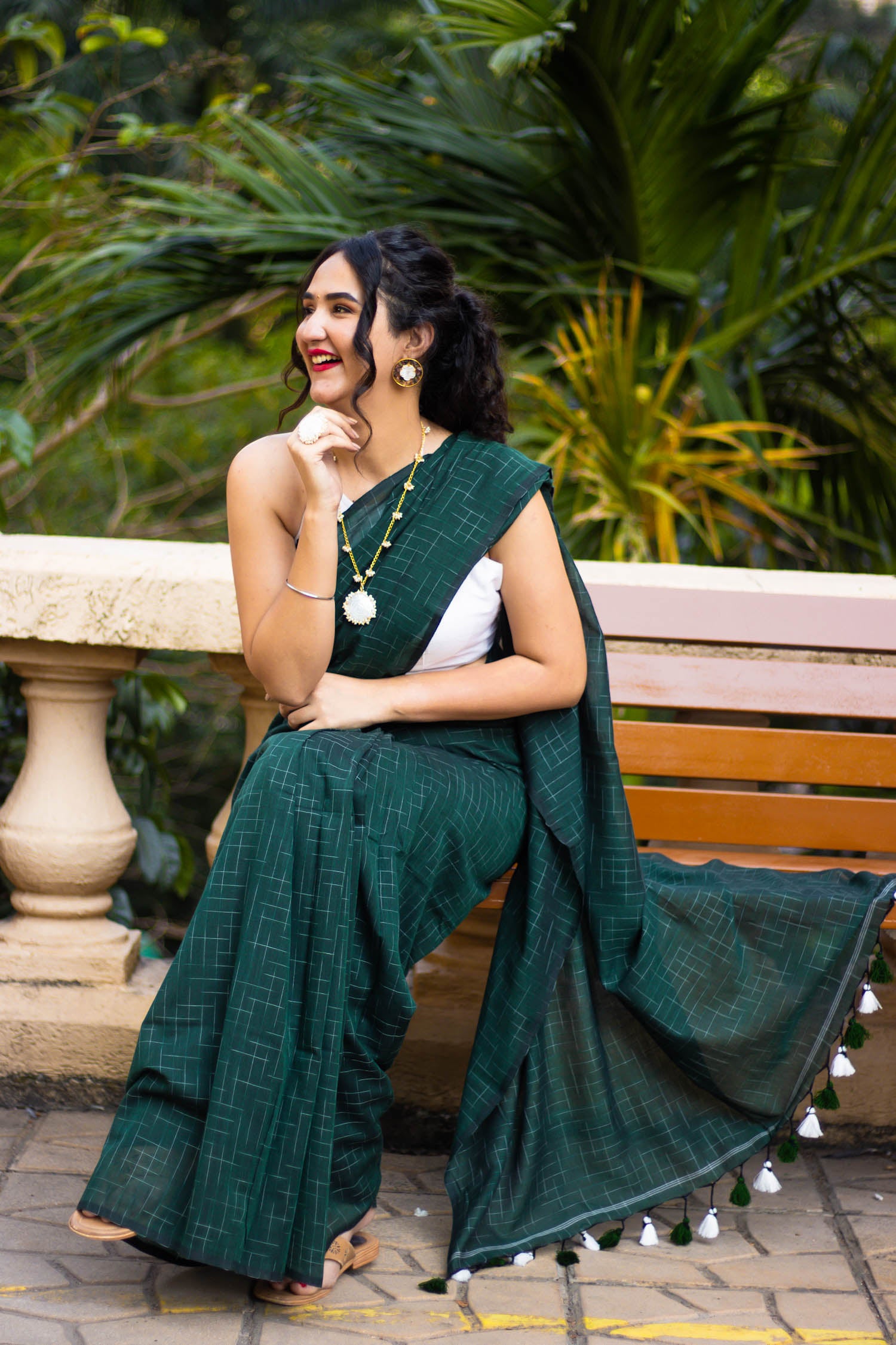 Playful Emerald Handwoven Cotton saree with Tassels Prasam crafts