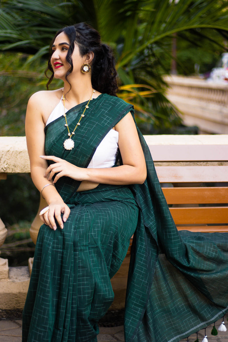 Playful Emerald Handwoven Cotton saree with Tassels Prasam crafts