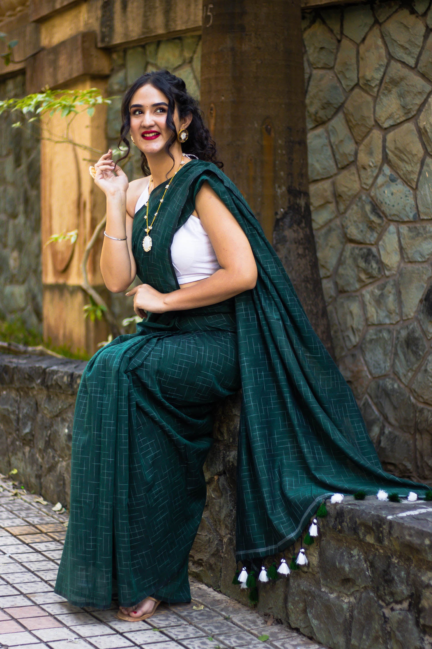 Playful Emerald Handwoven Cotton saree with Tassels Prasam crafts