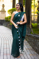 Playful Emerald Handwoven Cotton saree with Tassels Prasam crafts