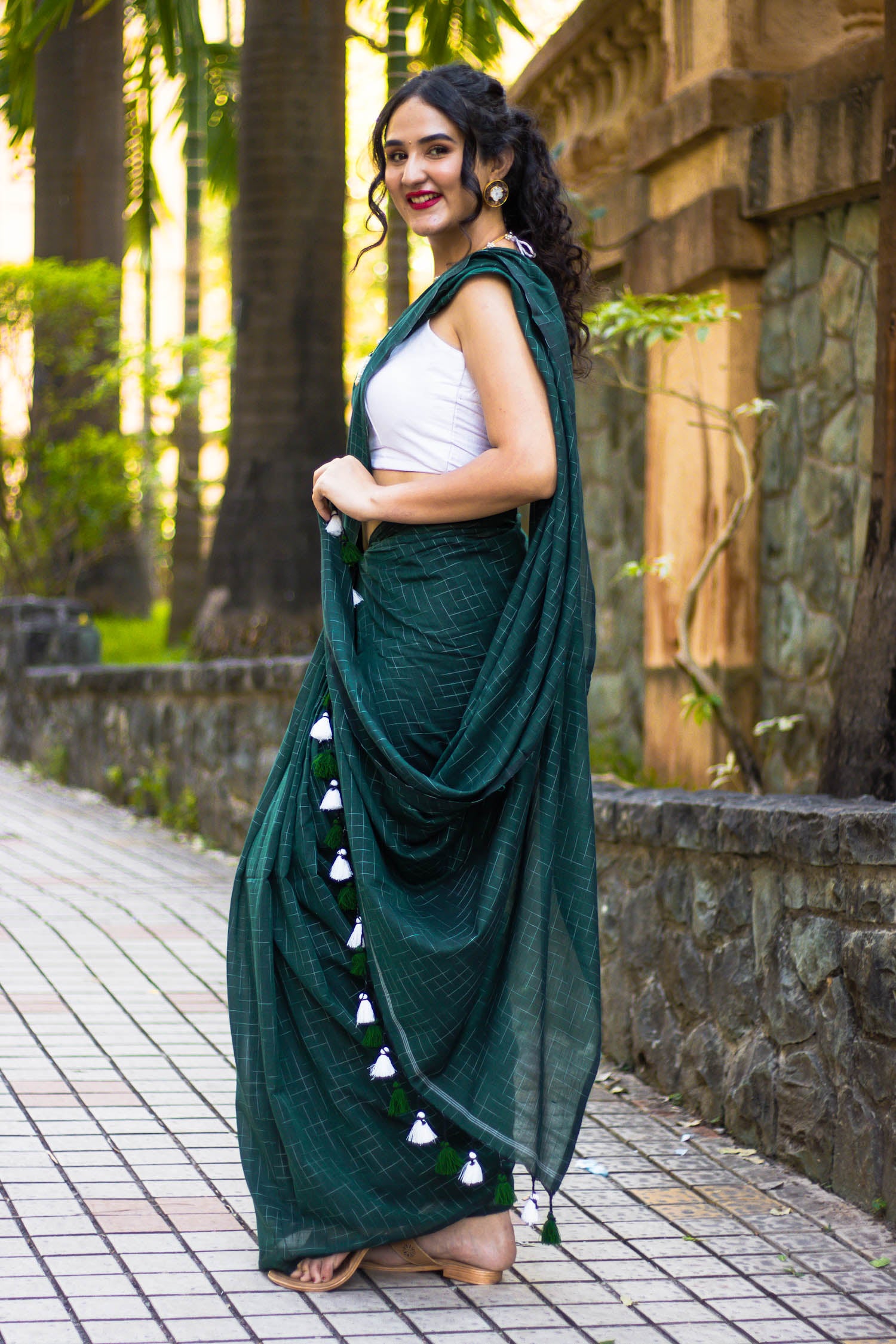 Playful Emerald Handwoven Cotton saree with Tassels Prasam crafts