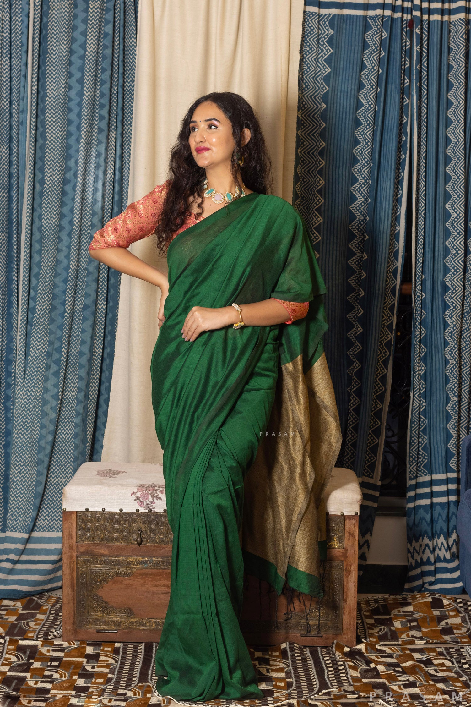 Pine Green Cotton Blend Saree Prasam Crafts