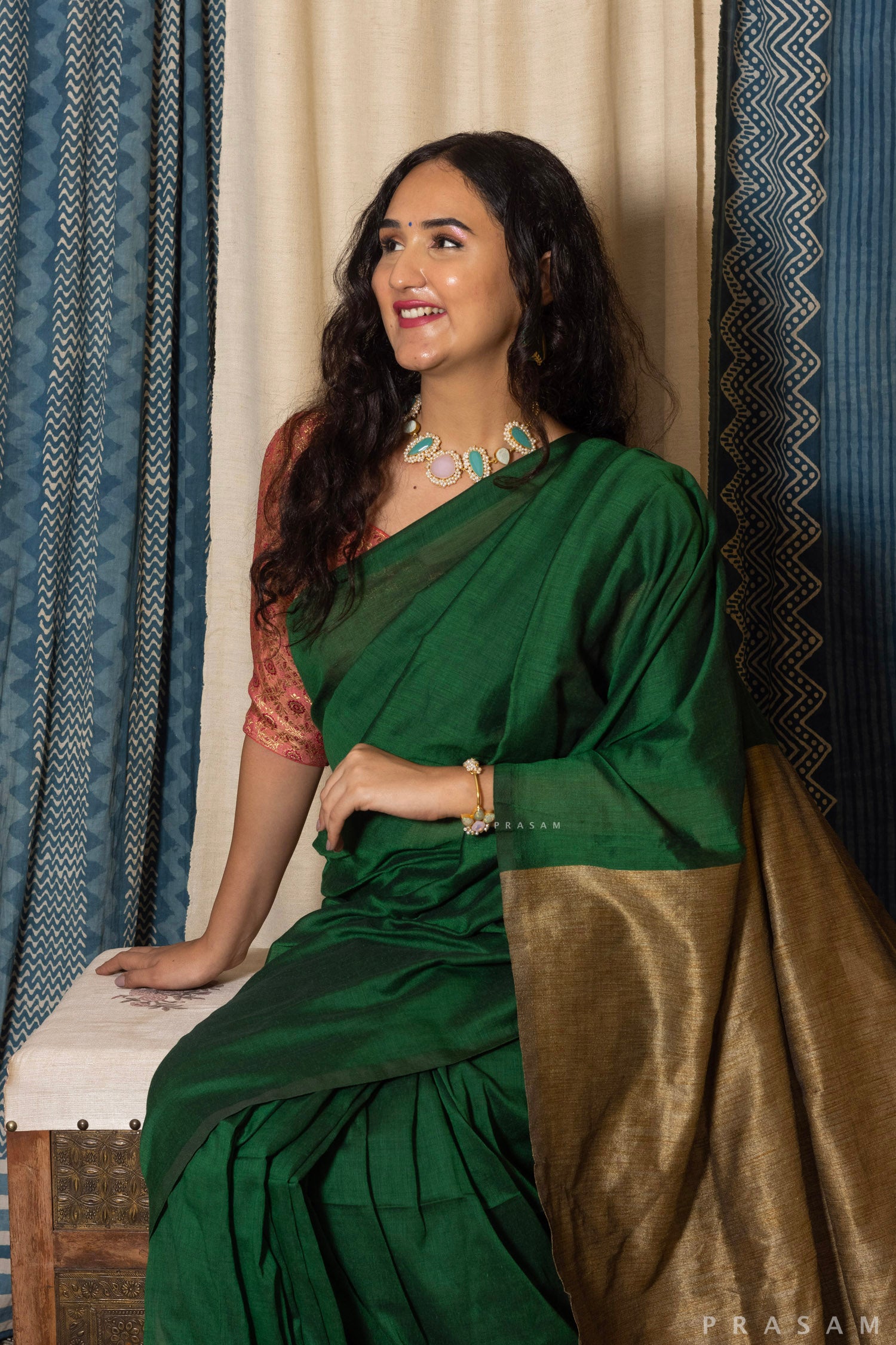 Pine Green Cotton Blend Saree Prasam Crafts