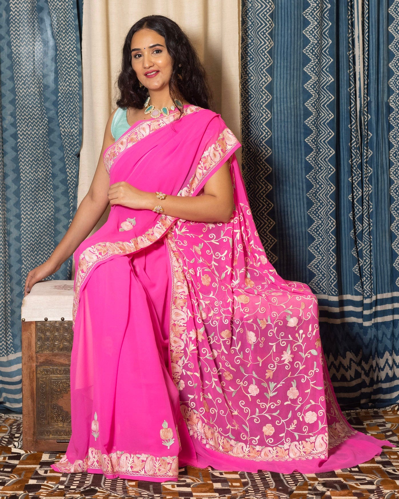 Candy Floss Kashmiri Embroidery Saree Prasam Crafts