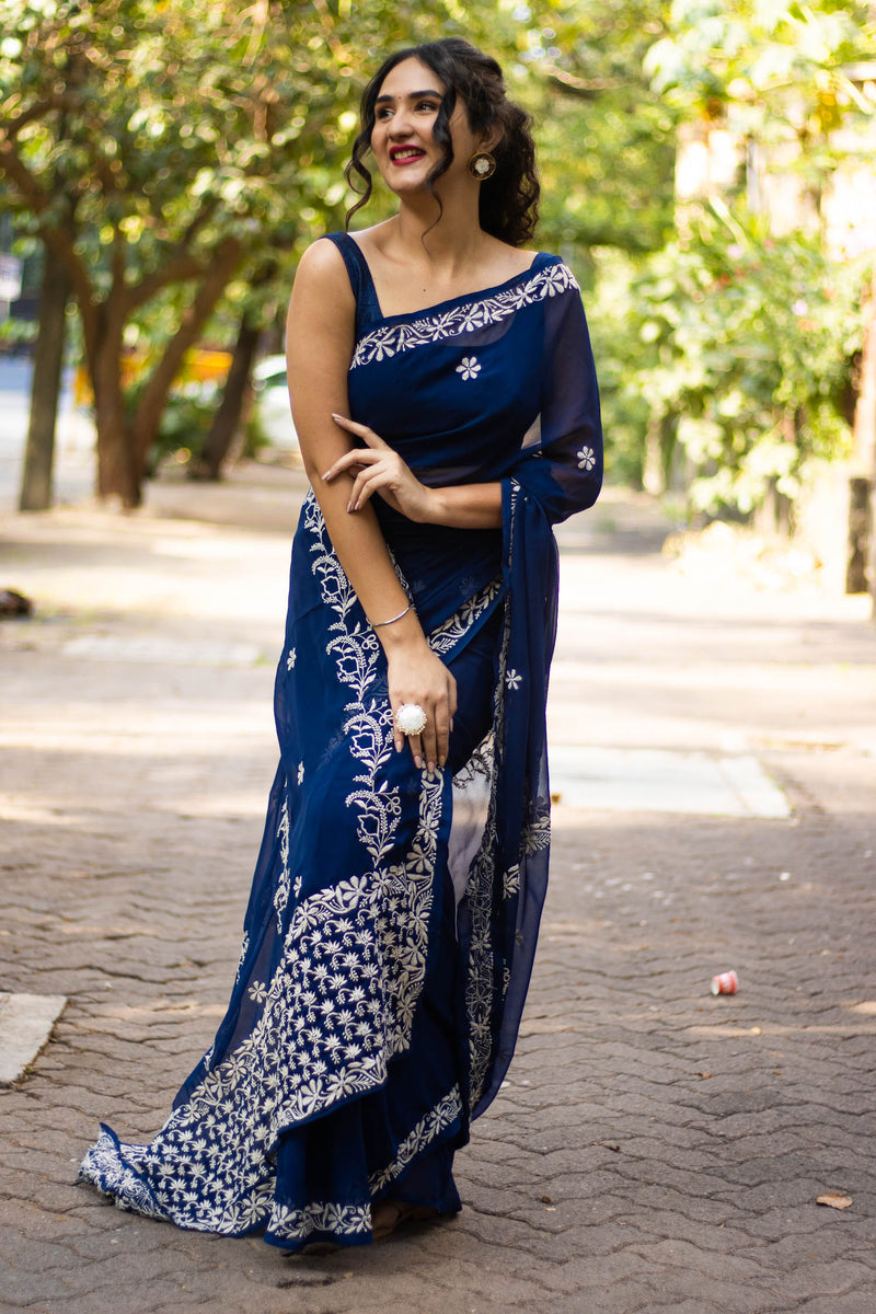 Go With The Flow- Chikankari Hand Embroidery Saree Prasam crafts