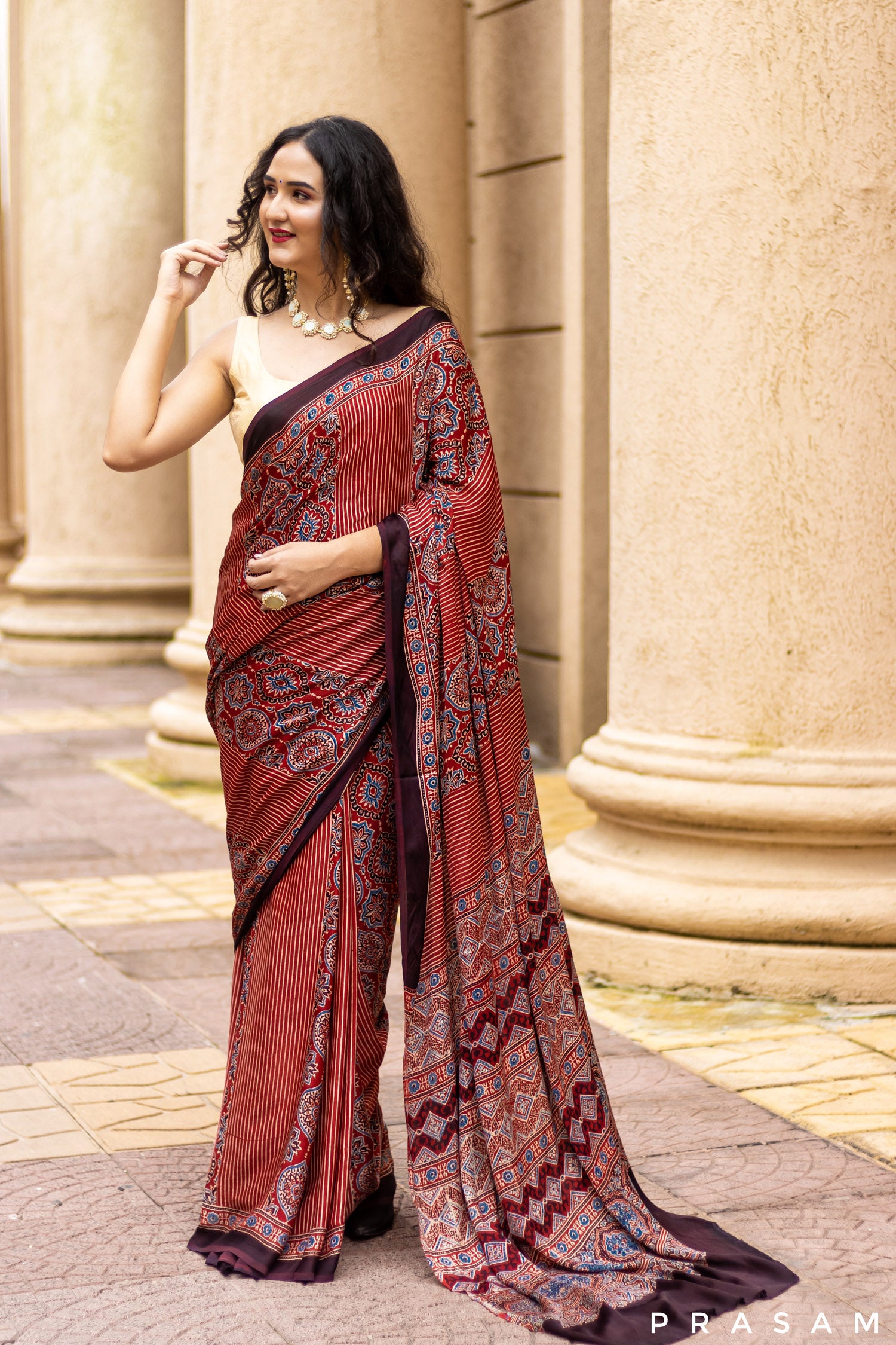 Lineal Beat-Ajrakh Modal Silk Saree PRasam Crafts