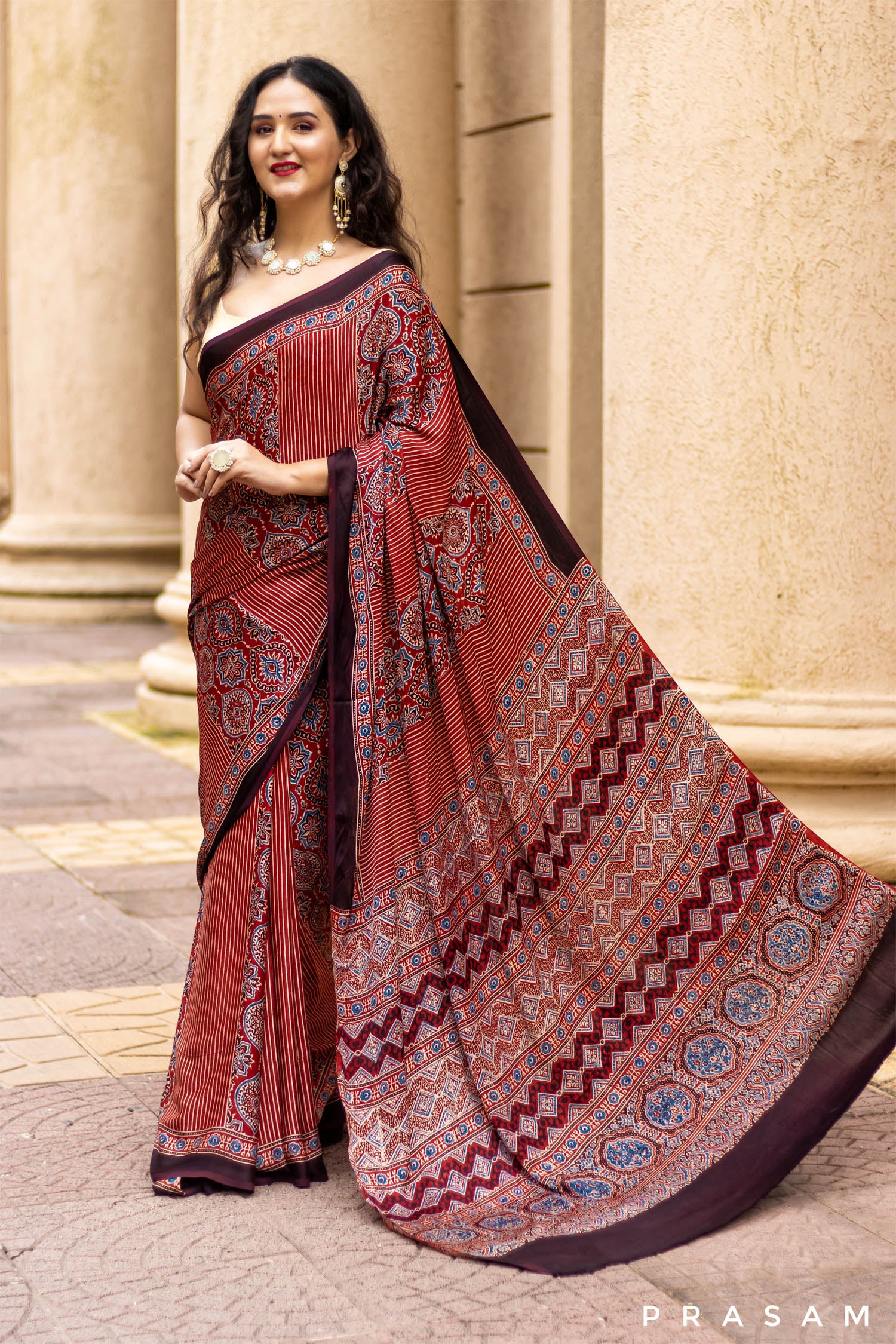 Lineal Beat-Ajrakh Modal Silk Saree PRasam Crafts