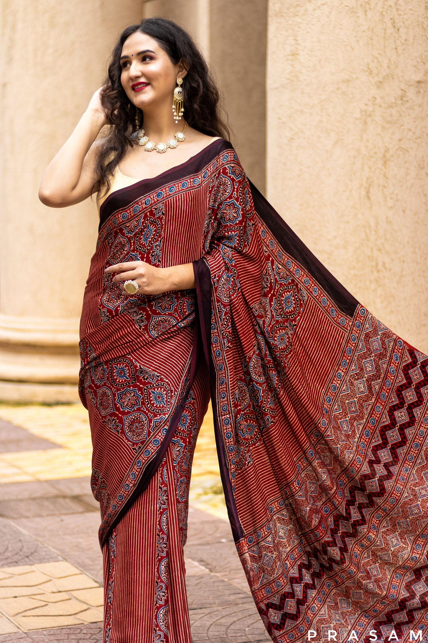 Lineal Beat-Ajrakh Modal Silk Saree PRasam Crafts