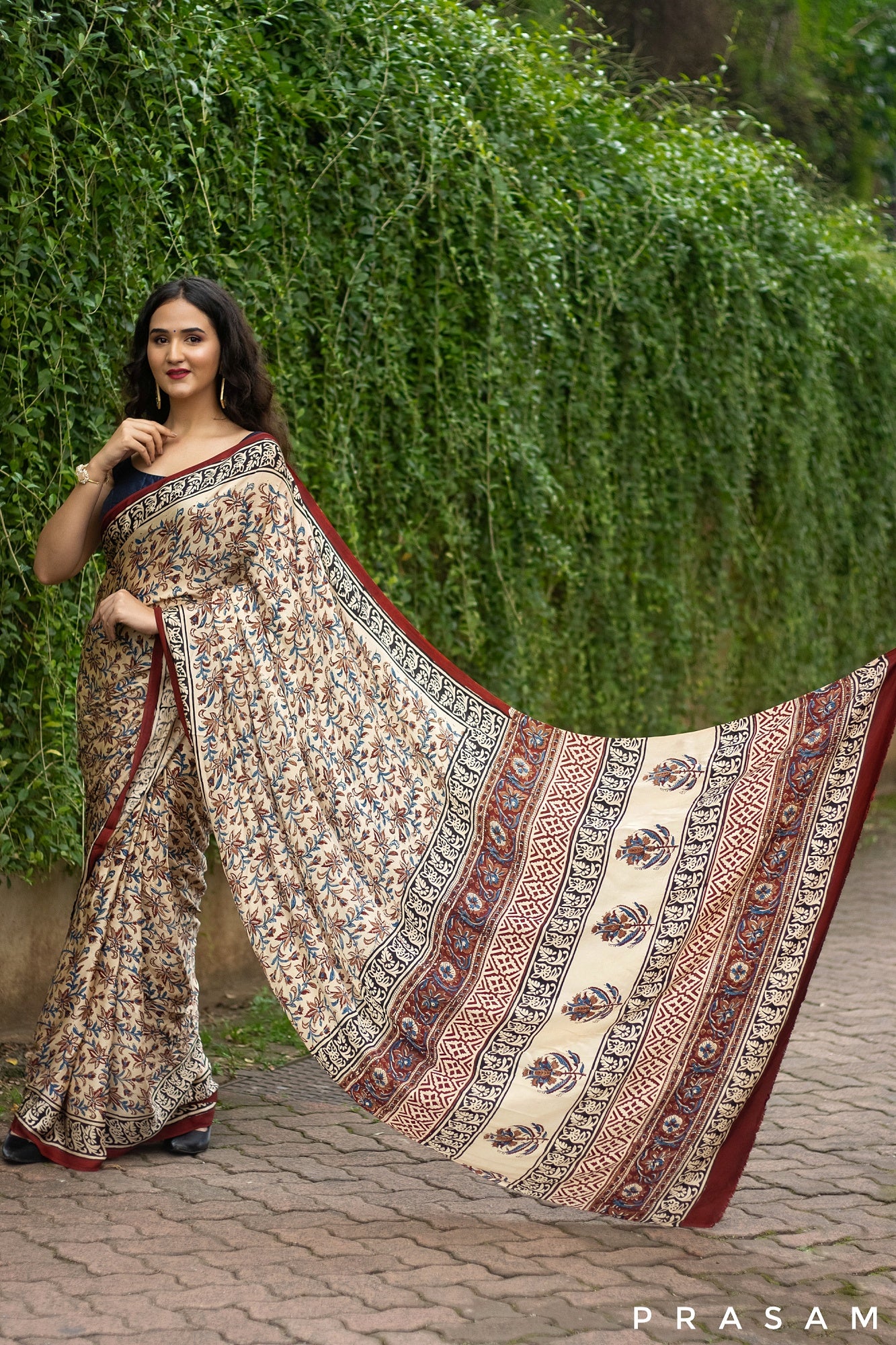 Floral Mood Ajrakh Modal Silk Saree Prasam Crafts