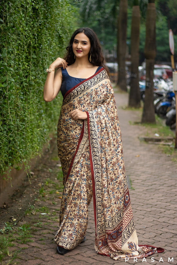 Floral Mood Ajrakh Modal Silk Saree Prasam Crafts