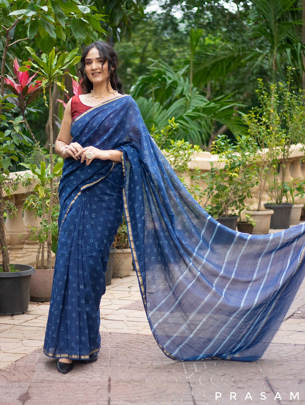 Floral Sway- Indigo Chanderi Block Print Saree Prasam Crafts