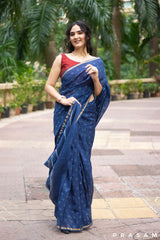 Floral Sway- Indigo Chanderi Block Print Saree Prasam Crafts