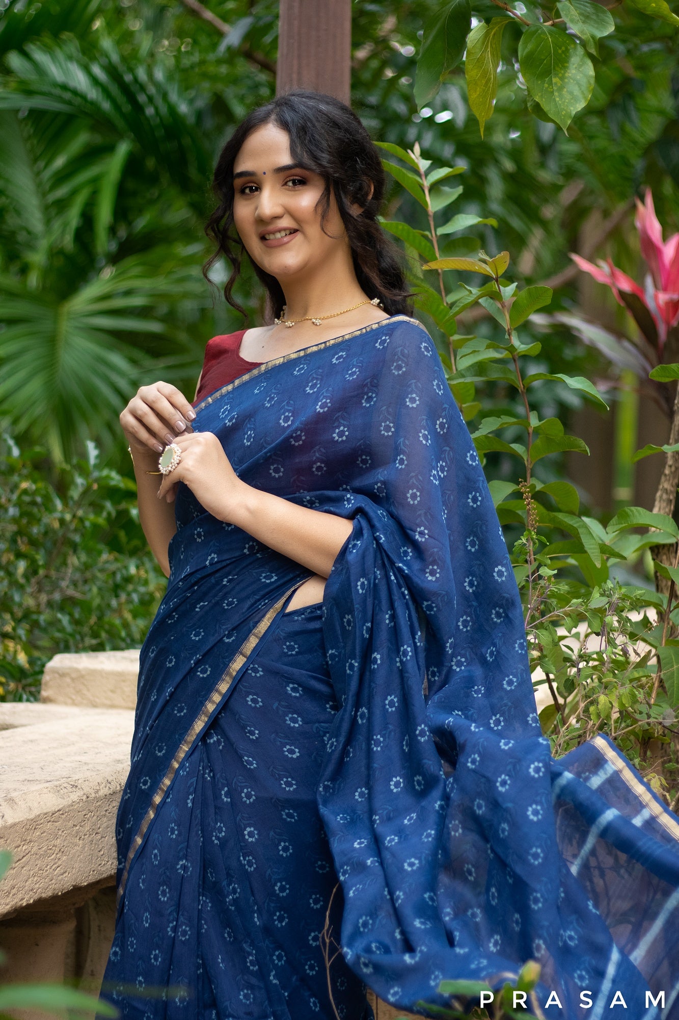 Floral Sway- Indigo Chanderi Block Print Saree Prasam Crafts