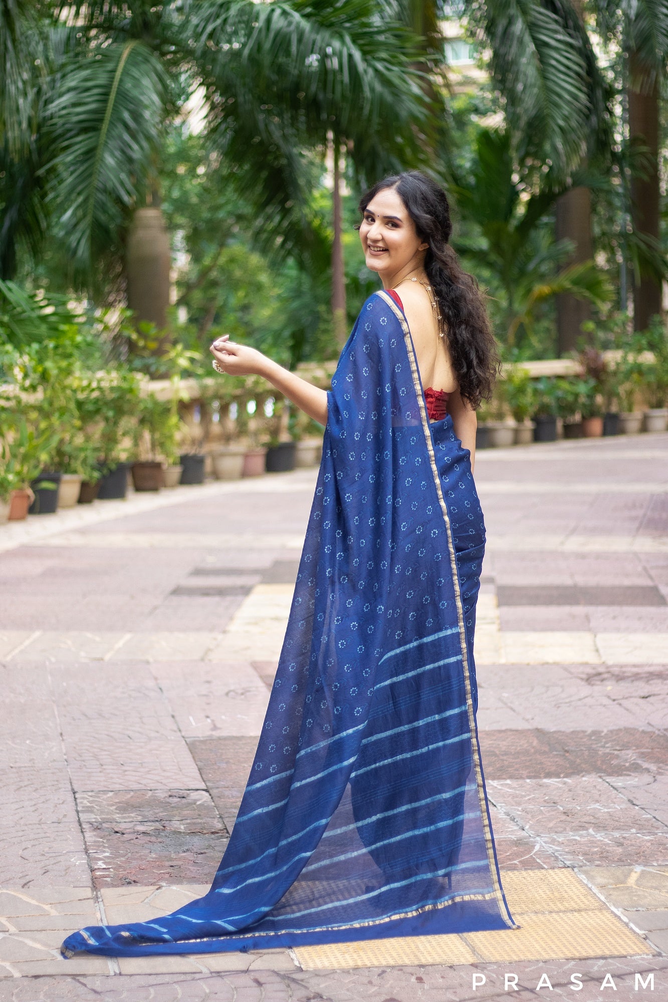 Floral Sway- Indigo Chanderi Block Print Saree Prasam Crafts