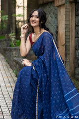 Floral Sway- Indigo Chanderi Block Print Saree Prasam Crafts