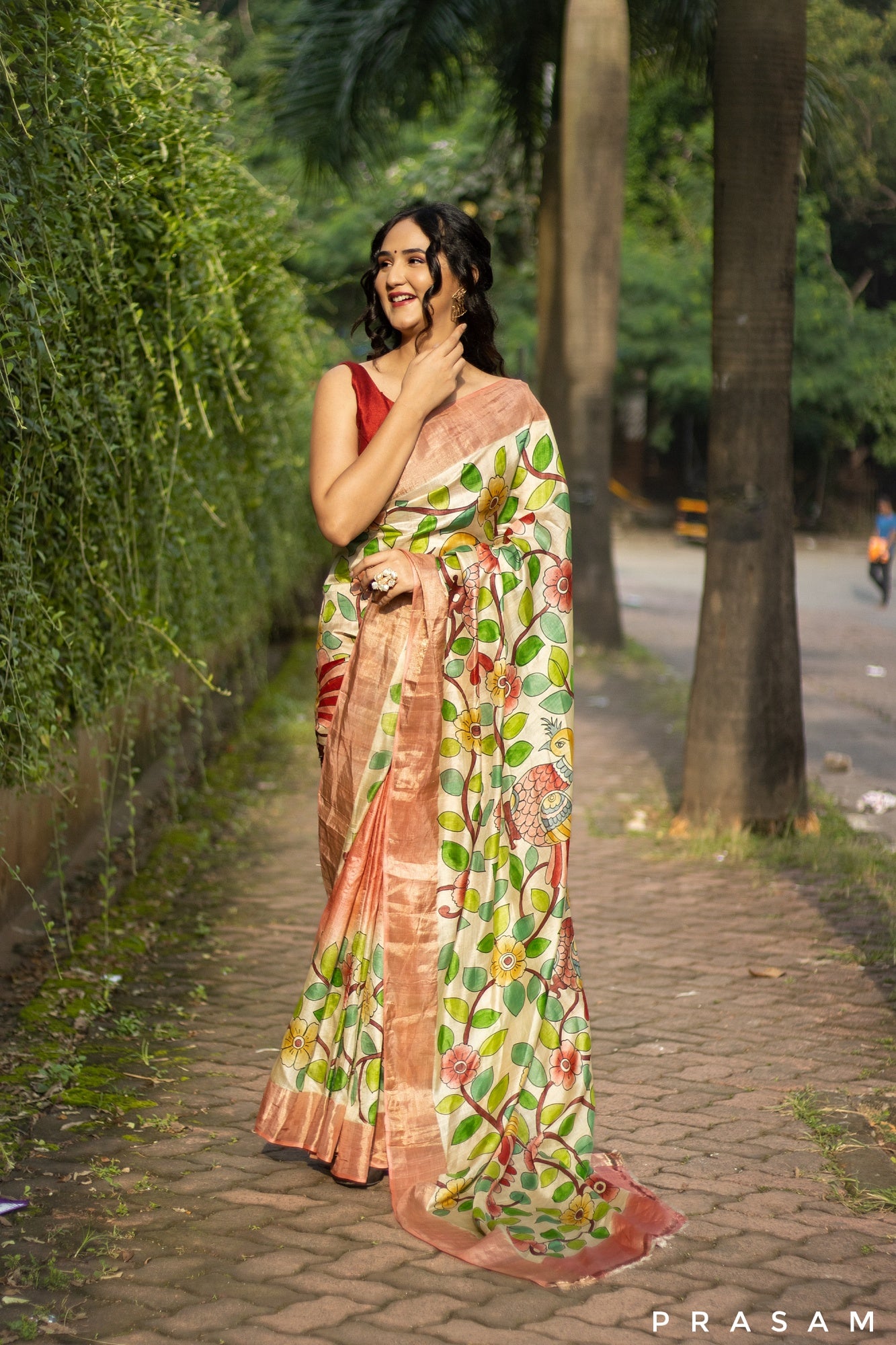 Archaic Jewel-Kalamkari Pure Tassar Silk Saree Prasam Crafts