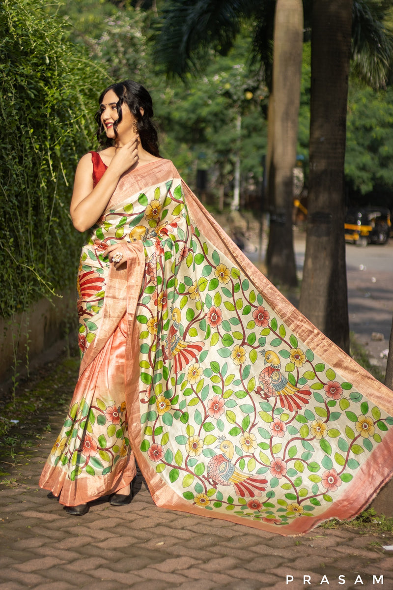 Archaic Jewel-Kalamkari Pure Tassar Silk Saree Prasam Crafts