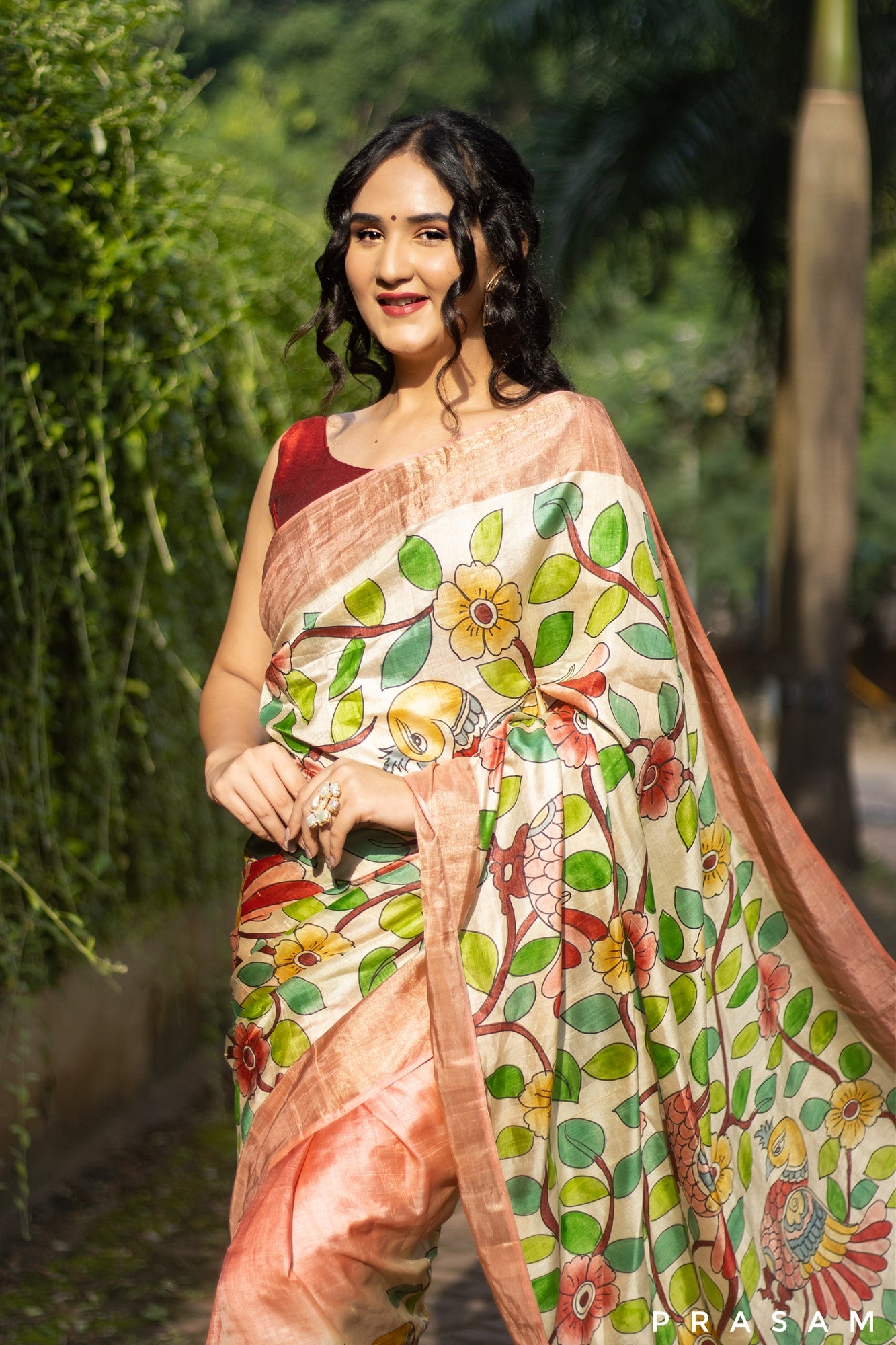 Archaic Jewel-Kalamkari Pure Tassar Silk Saree Prasam Crafts