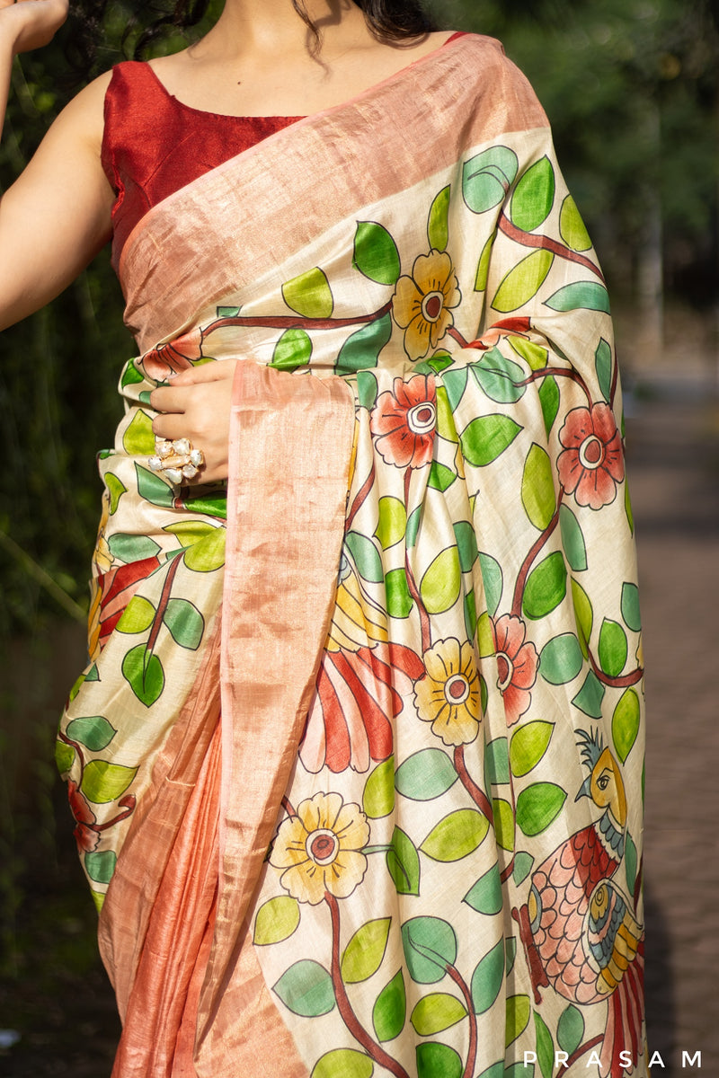 Archaic Jewel-Kalamkari Pure Tassar Silk Saree Prasam Crafts