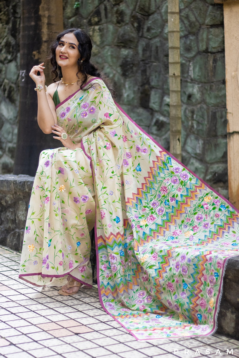 Floral Elegance-Hand Painting Chanderi Silk Saree Prasam Crafts