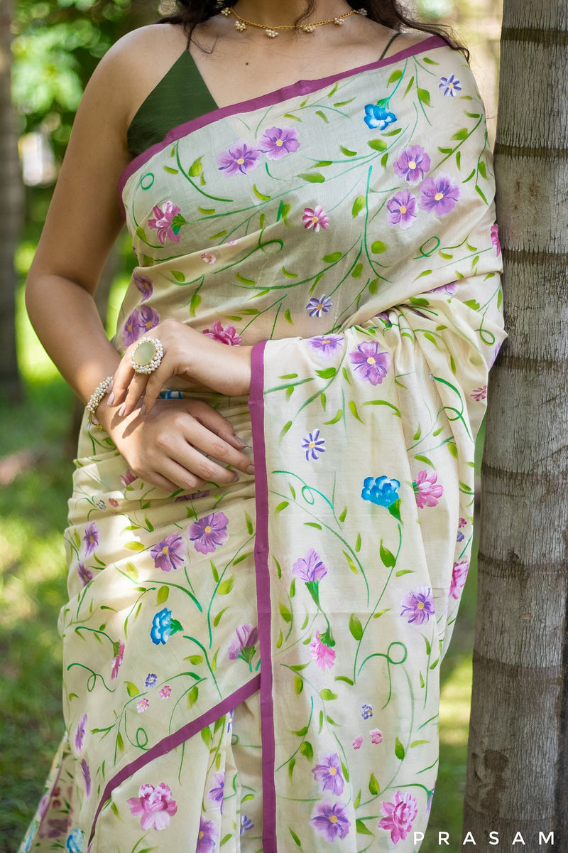Floral Elegance-Hand Painting Chanderi Silk Saree Prasam Crafts