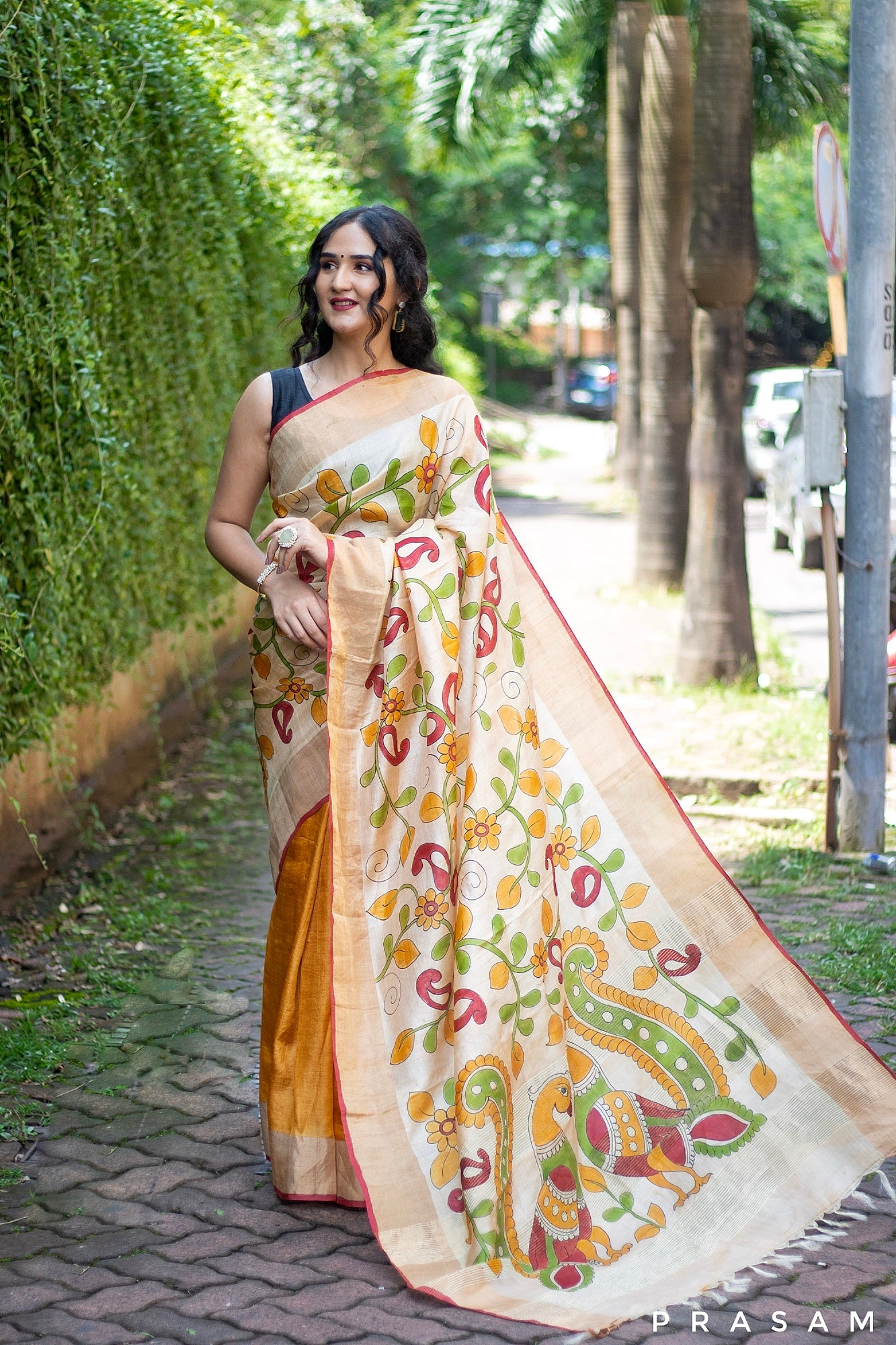 Antique Ornate-Kalamkari Pure Tassar Silk Saree Prasam Crafts