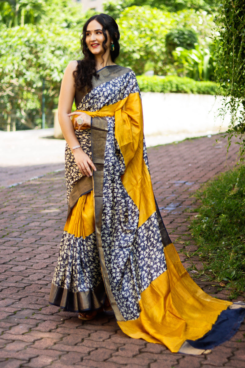 Exclusive pure silk hand batik mustard yellow saree – Sujatra